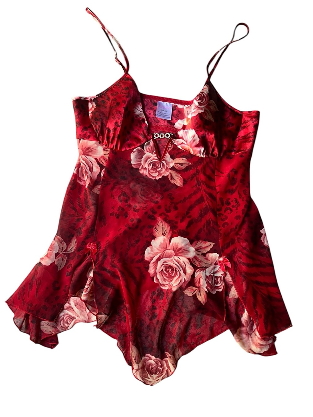 Vintage y2k early 2000s Floral Red Satin Spaghetti-Strap Cami mini slip dress